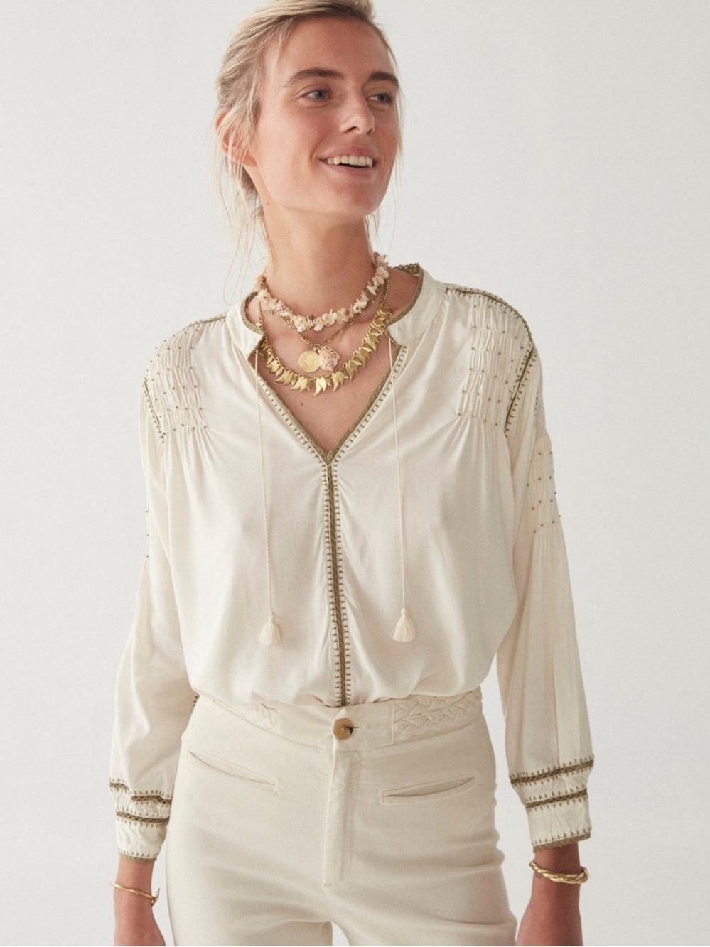 Maison Hotel Asha Blouse Positano Caki Off White Khaki Embroidered Size L